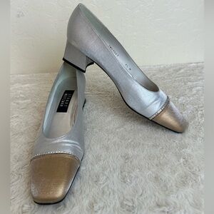 Stuart Weitzman Silver Metallic Block Heel Square Gold Toe Pumps Heels Sz 9.5 N